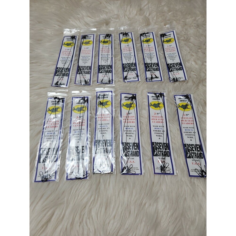Lot of 12 3 Ct Anglers Choice 3-9" BLACK Steelon Fishing Leaders Snaplock 45lb